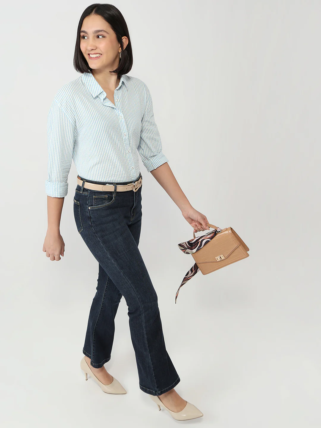 Women Sky/White Slim Fit Oversized Shirt - Image 2