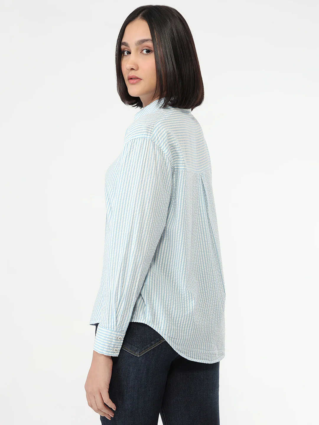 Women Sky/White Slim Fit Oversized Shirt - Image 3