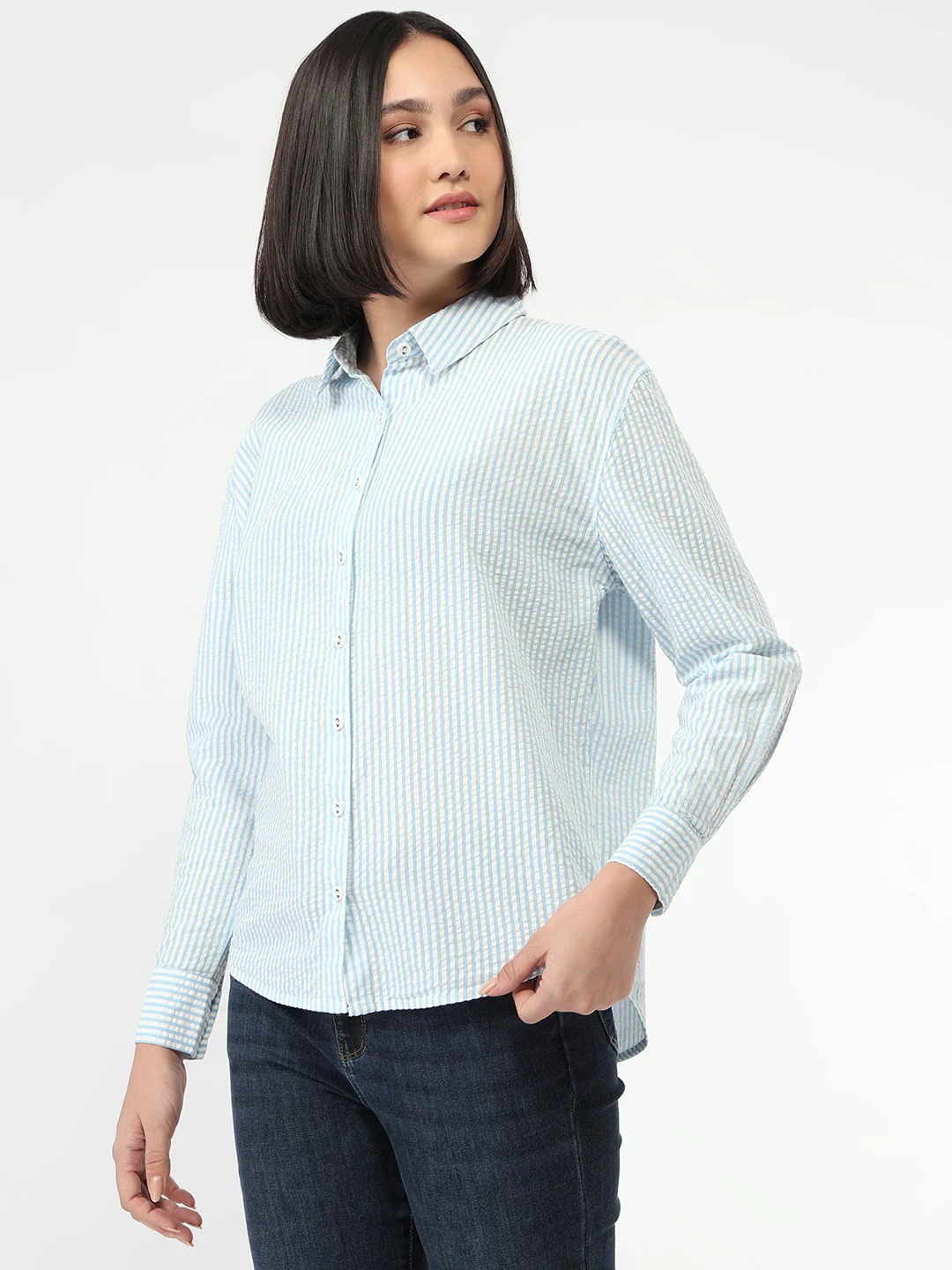Women Sky/White Slim Fit Oversized Shirt - Image 4