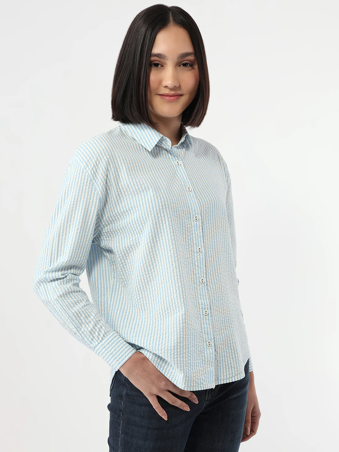 Women Sky/White Slim Fit Oversized Shirt - Image 5