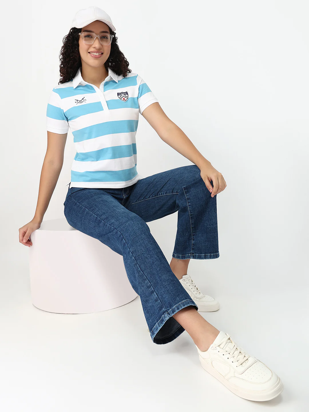 Women Sky/White Slim Fit Polo T-Shirt