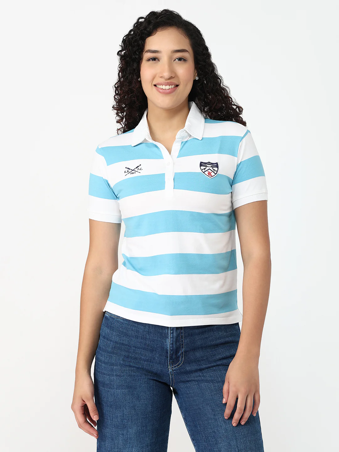 Women Sky/White Slim Fit Polo T-Shirt - Image 2