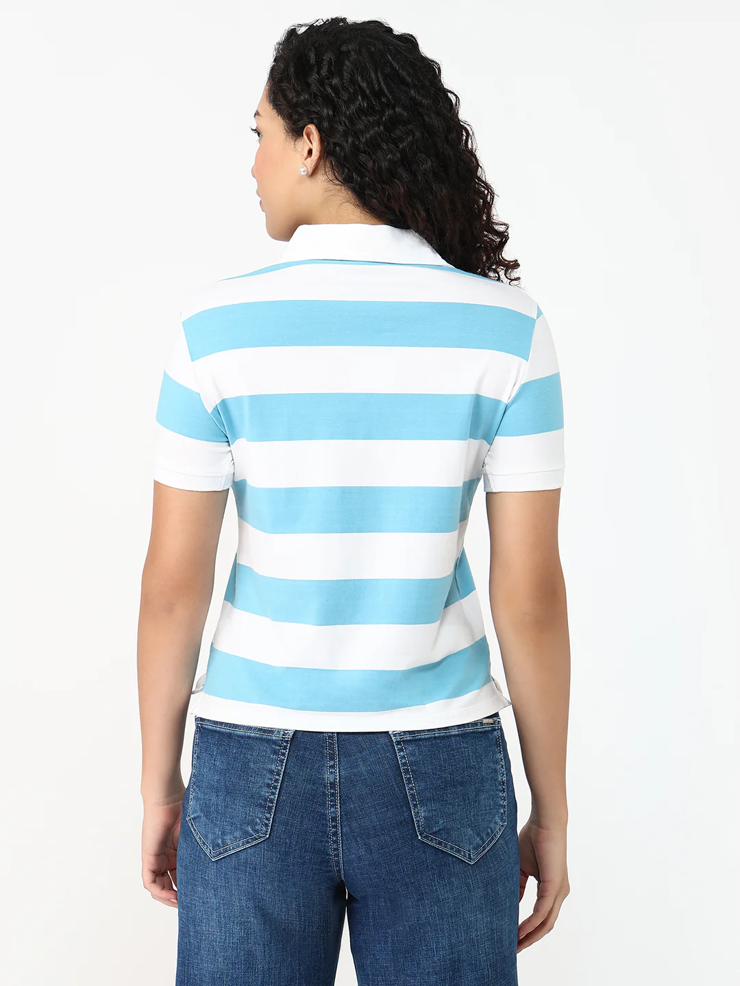 Women Sky/White Slim Fit Polo T-Shirt - Image 3