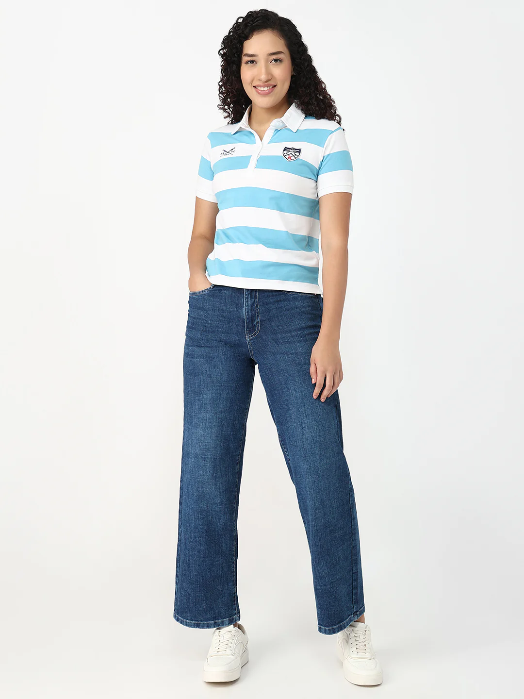 Women Sky/White Slim Fit Polo T-Shirt - Image 4