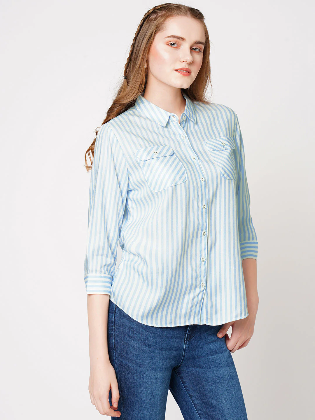 Women Sky/White Stiped Shirt - Image 5
