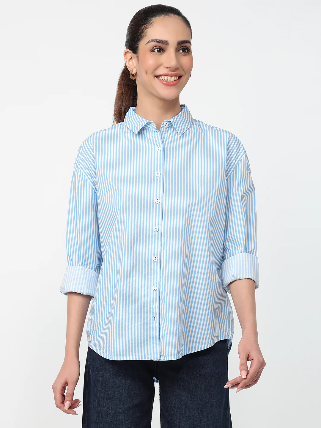 Women Sky/White Striped Oversized Shirt - Image 2