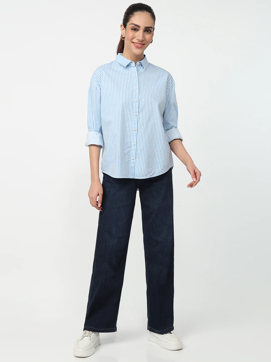 Women Sky/White Striped Oversized Shirt - Image 4