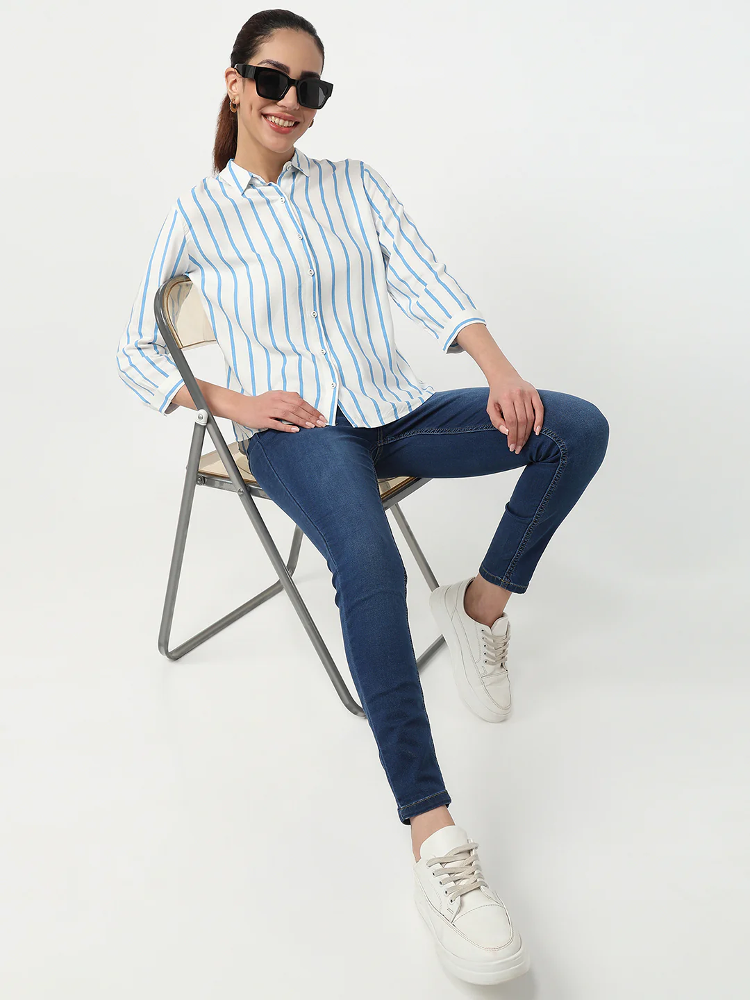 Women Sky/White Striped Shirt