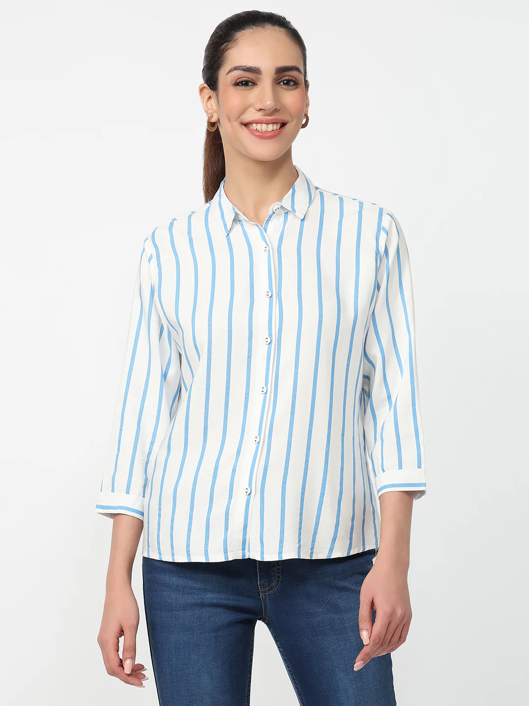 Women Sky/White Striped Shirt - Image 2