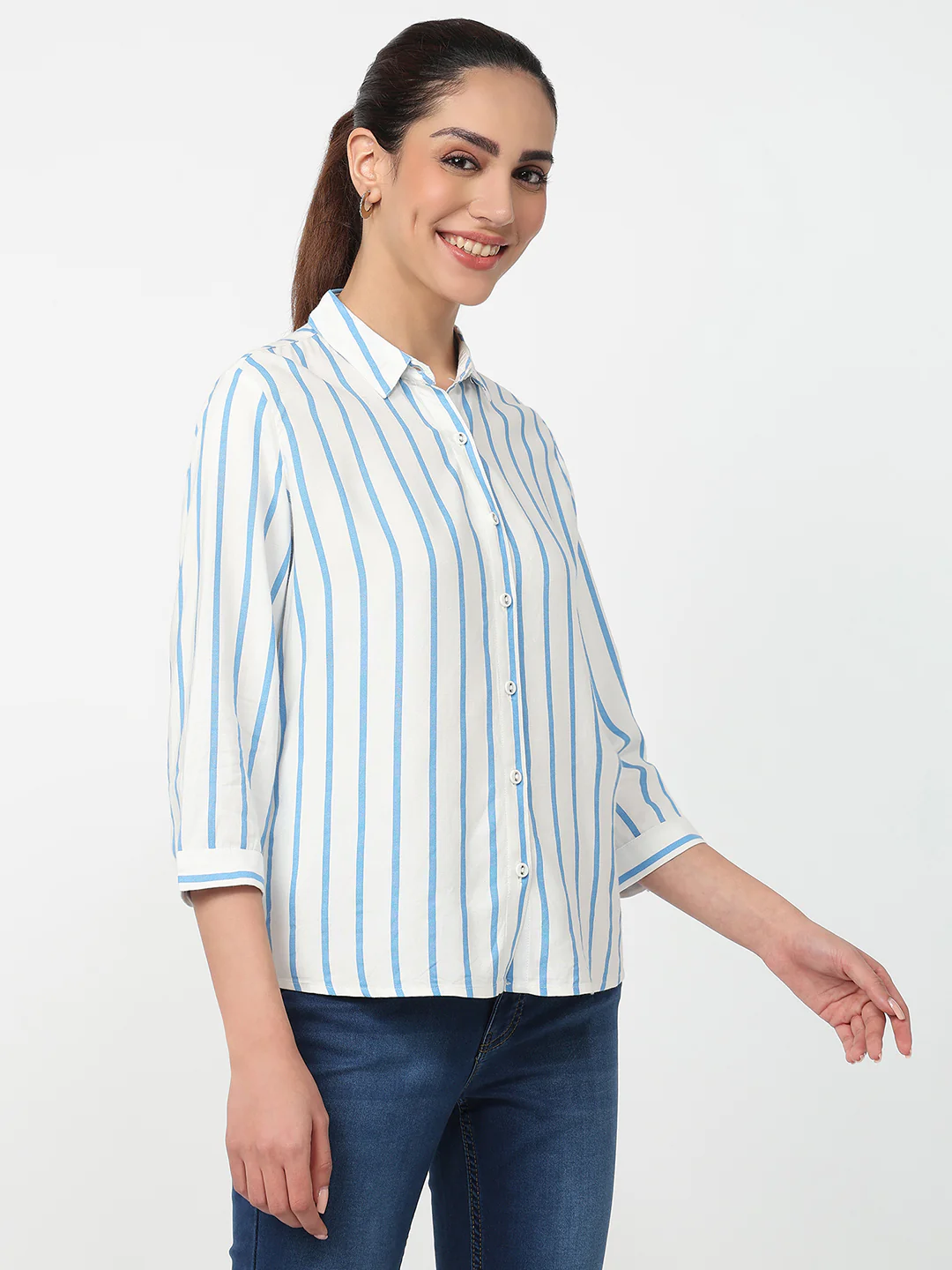 Women Sky/White Striped Shirt - Image 5