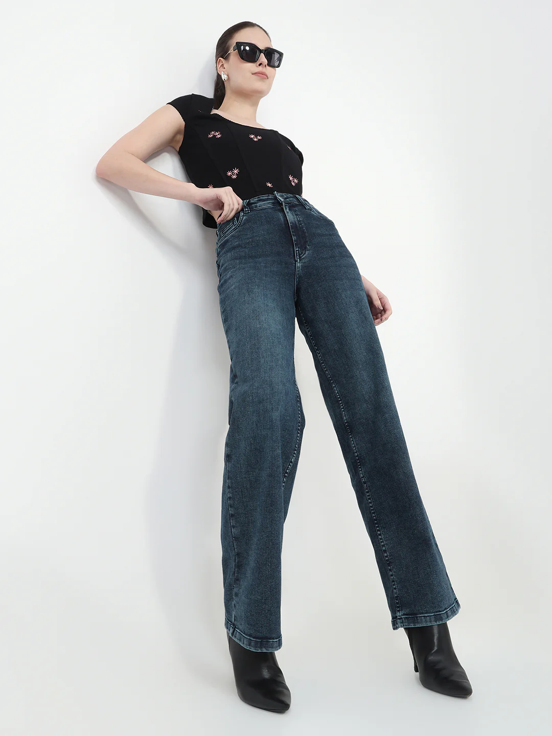 Women Slate Blue High-Rise Wide Leg Jeans