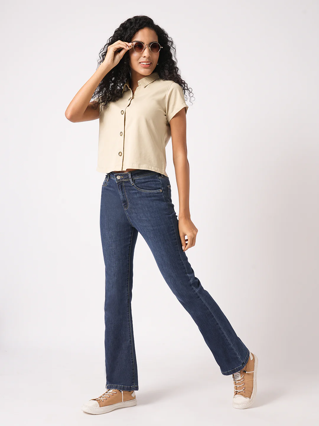 Women Slim Fit Beige Crop Shirt - Image 2