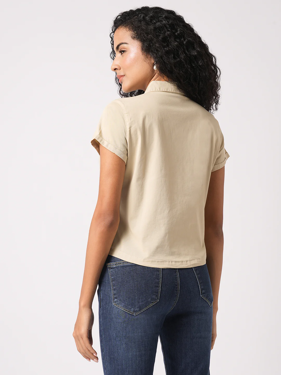 Women Slim Fit Beige Crop Shirt - Image 3