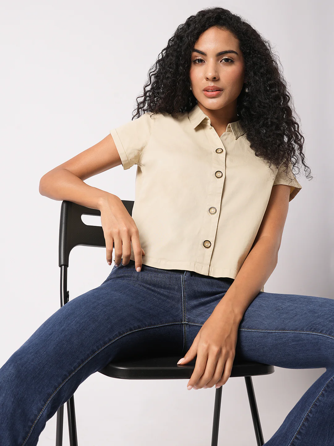 Women Slim Fit Beige Crop Shirt - Image 4
