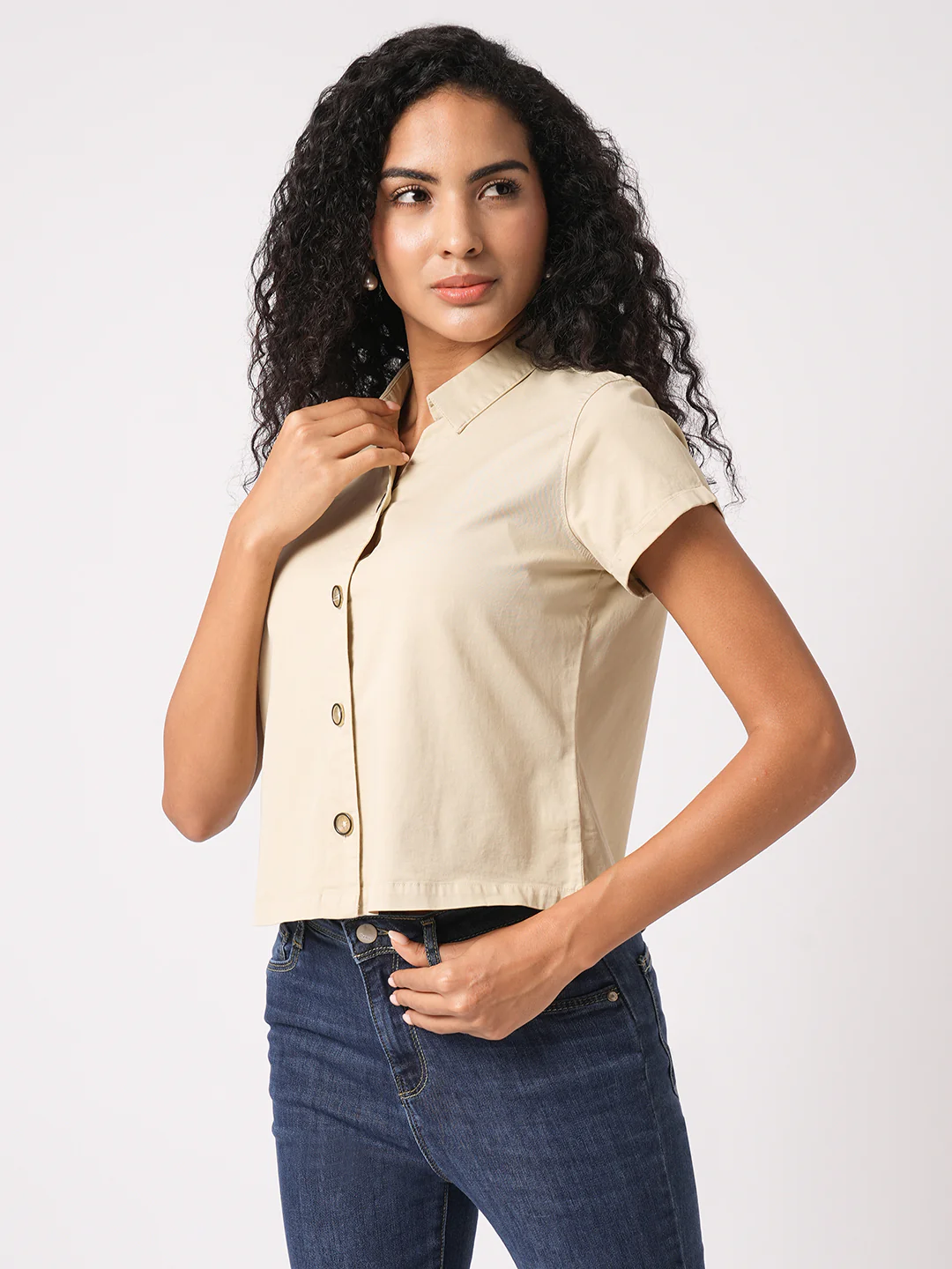 Women Slim Fit Beige Crop Shirt - Image 5