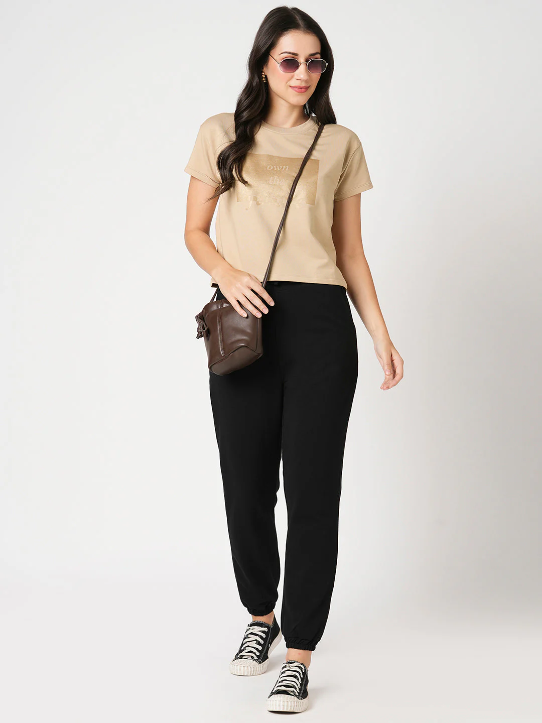 Women Slim Fit Beige Printed Athleisure Top - Image 2