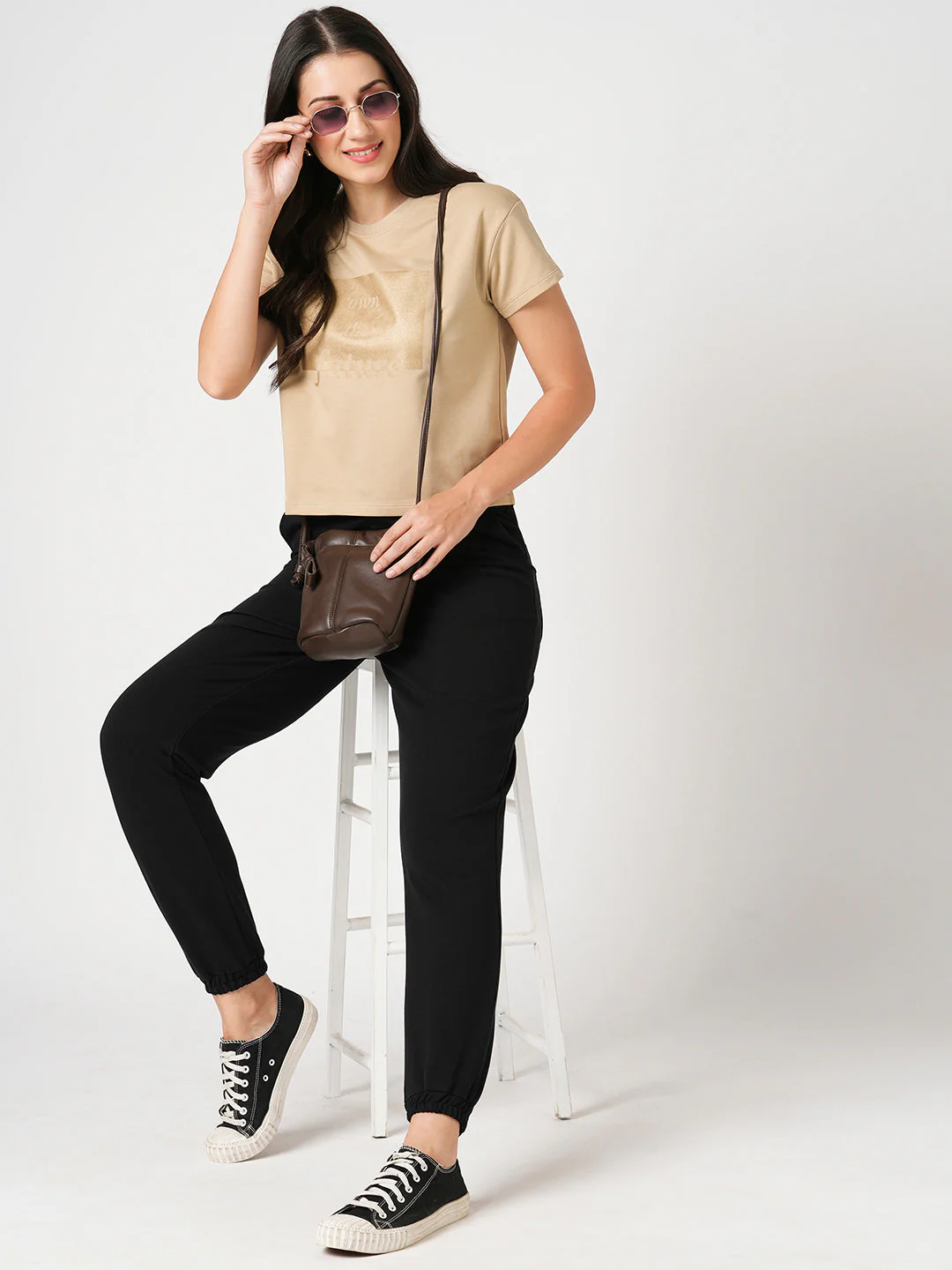 Women Slim Fit Beige Printed Athleisure Top - Image 4