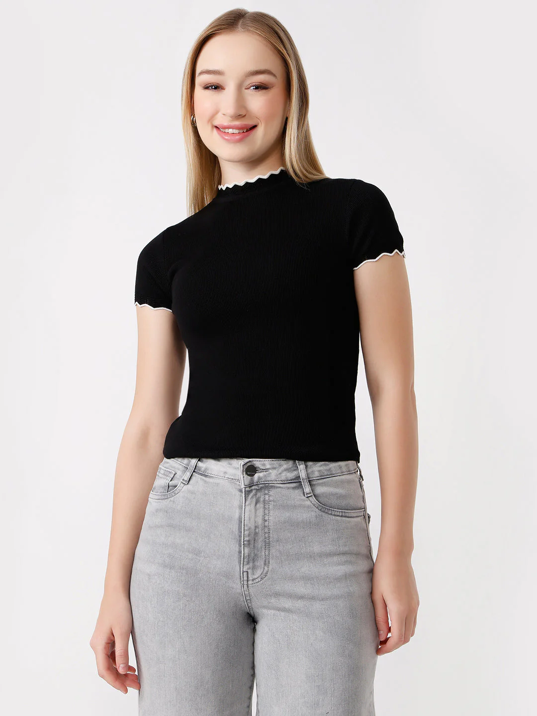 Women Slim Fit Black Flat Knit Top