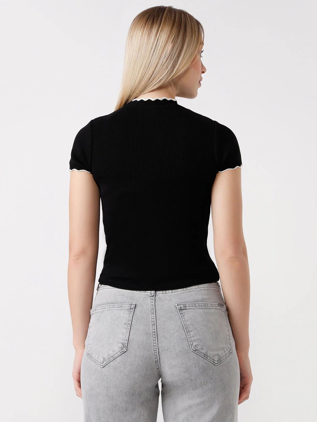 Women Slim Fit Black Flat Knit Top - Image 3