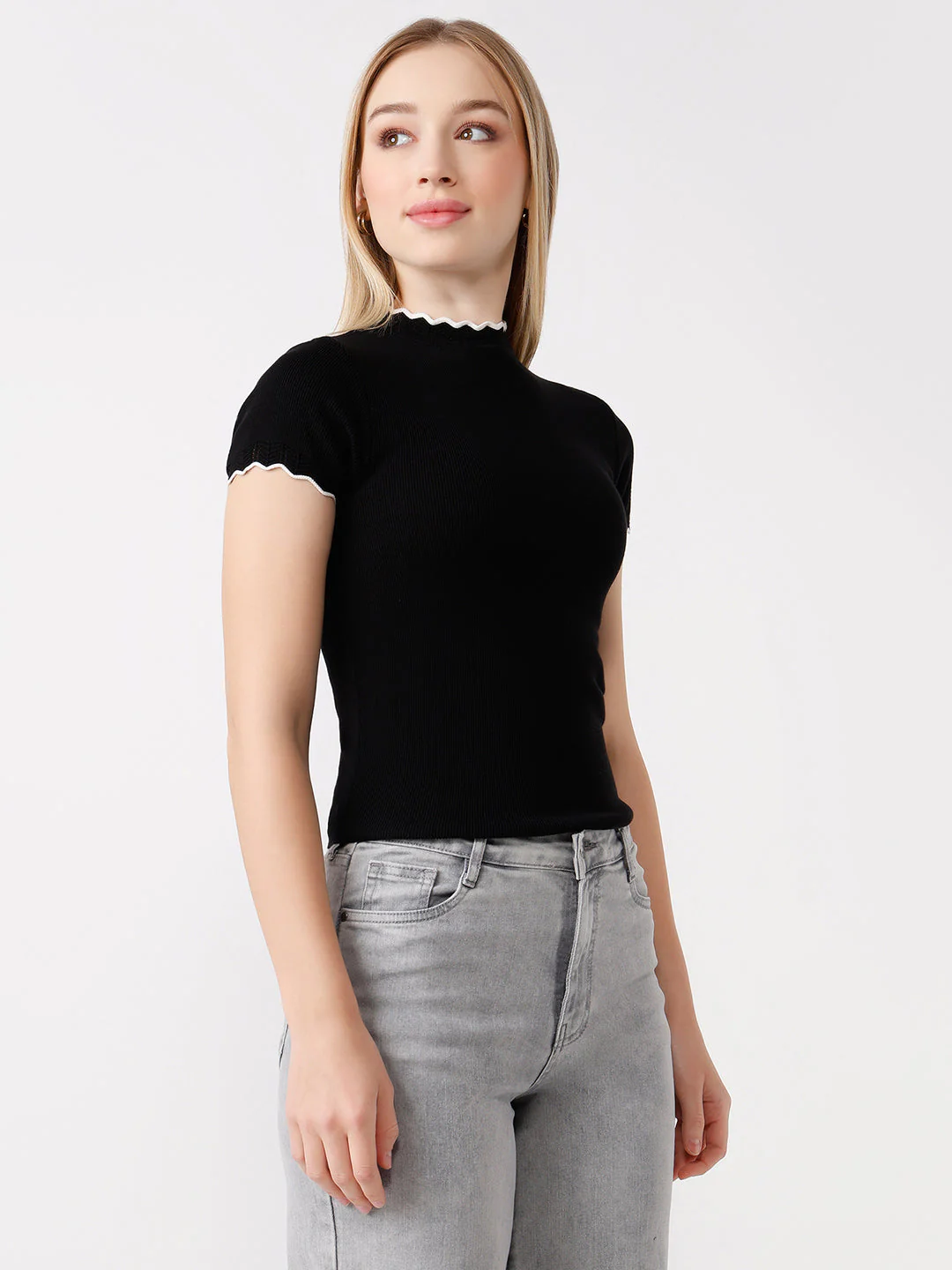 Women Slim Fit Black Flat Knit Top - Image 4