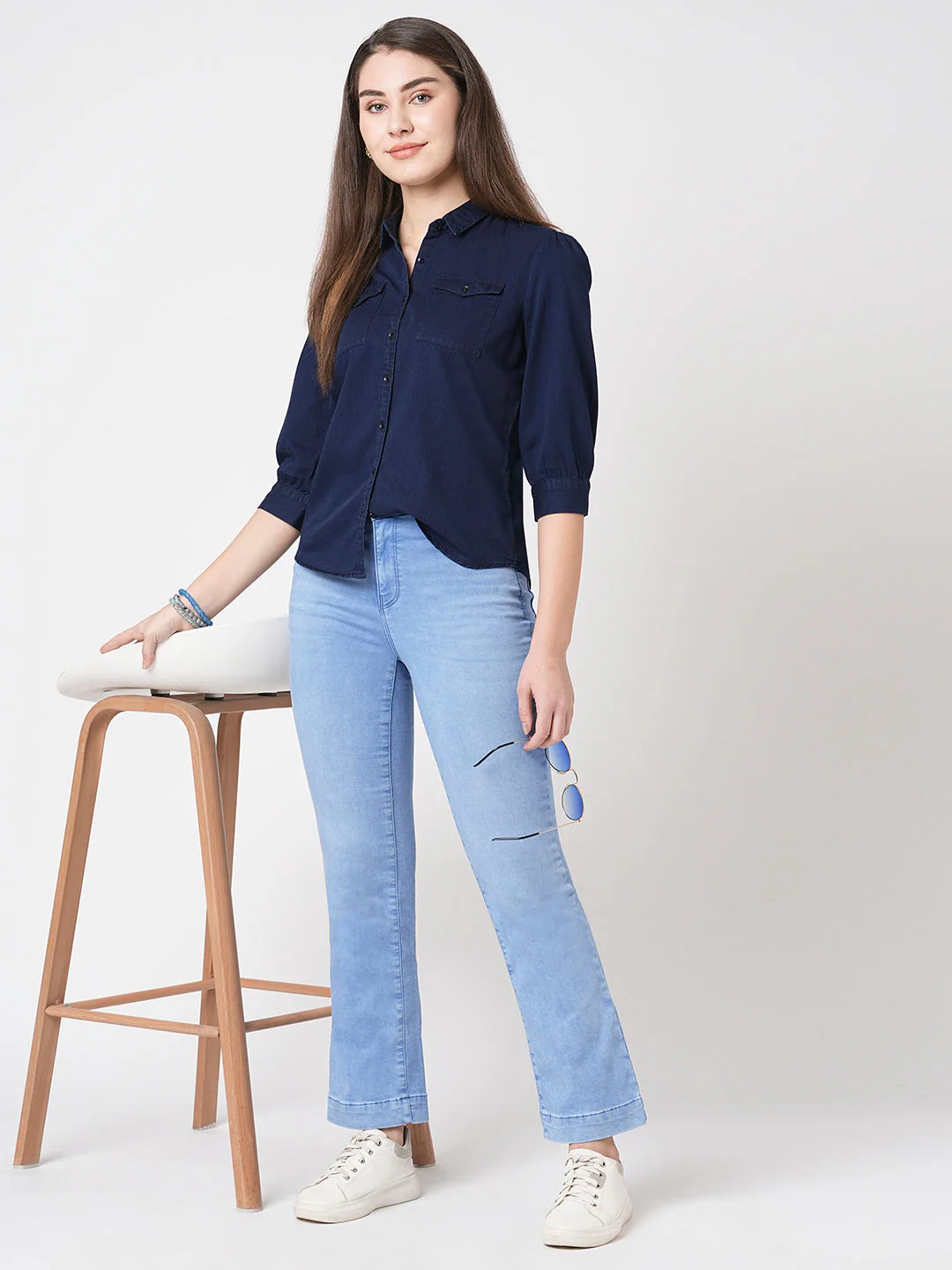 Women Slim Fit Ink Blue Casual Shirt - Image 4