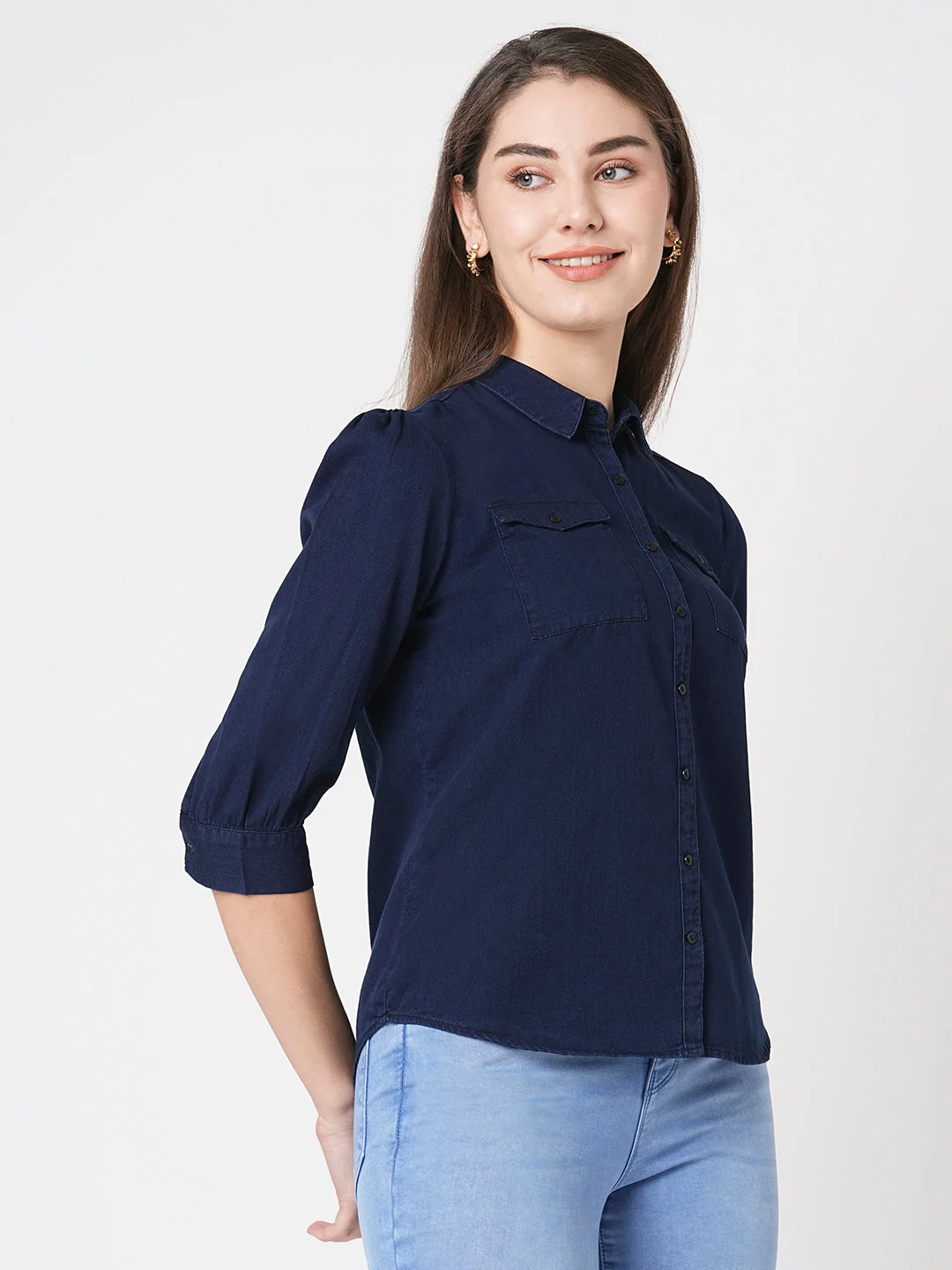 Women Slim Fit Ink Blue Casual Shirt - Image 5