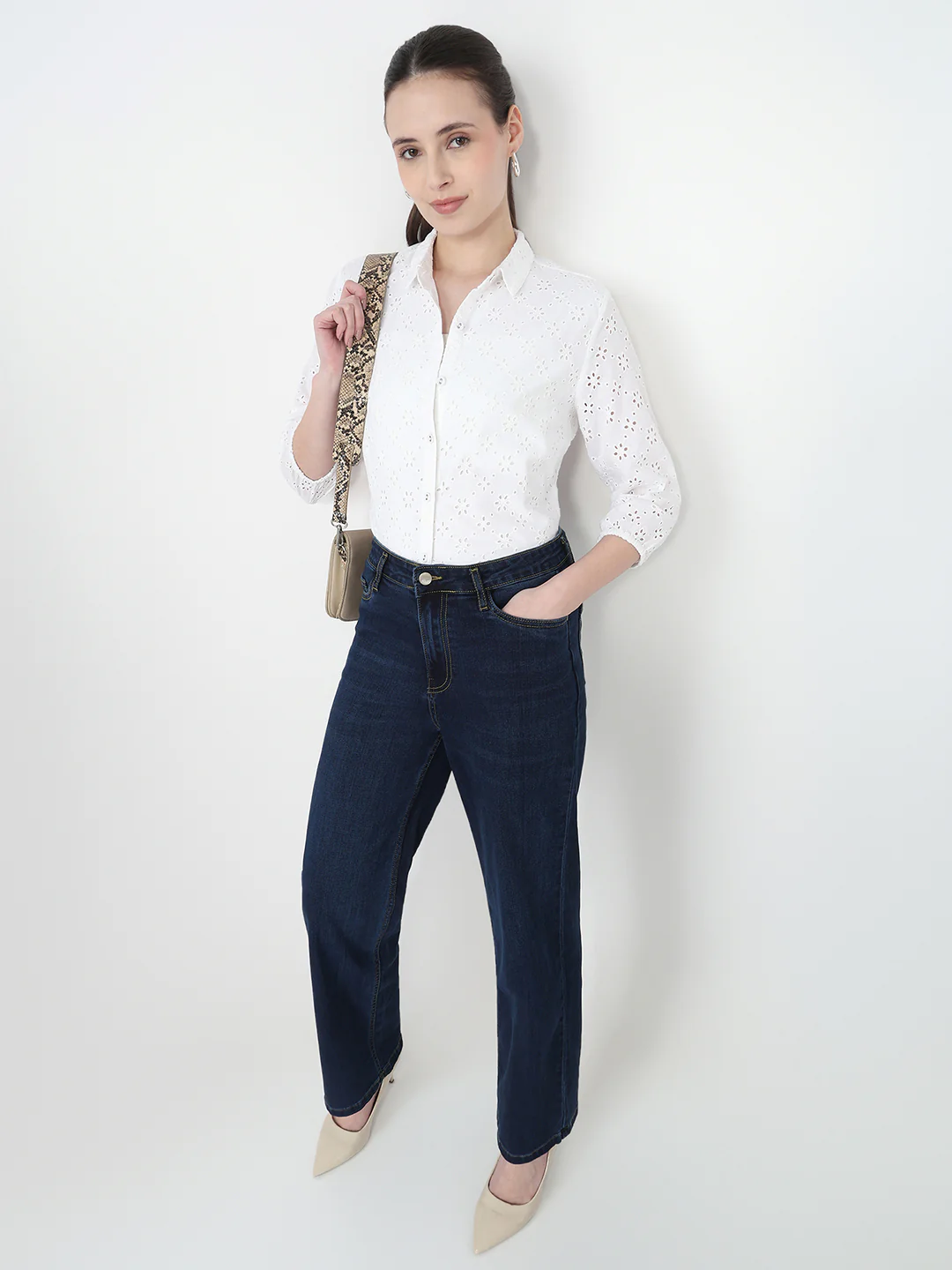 Women White Slim Fit Schiffli Shirt