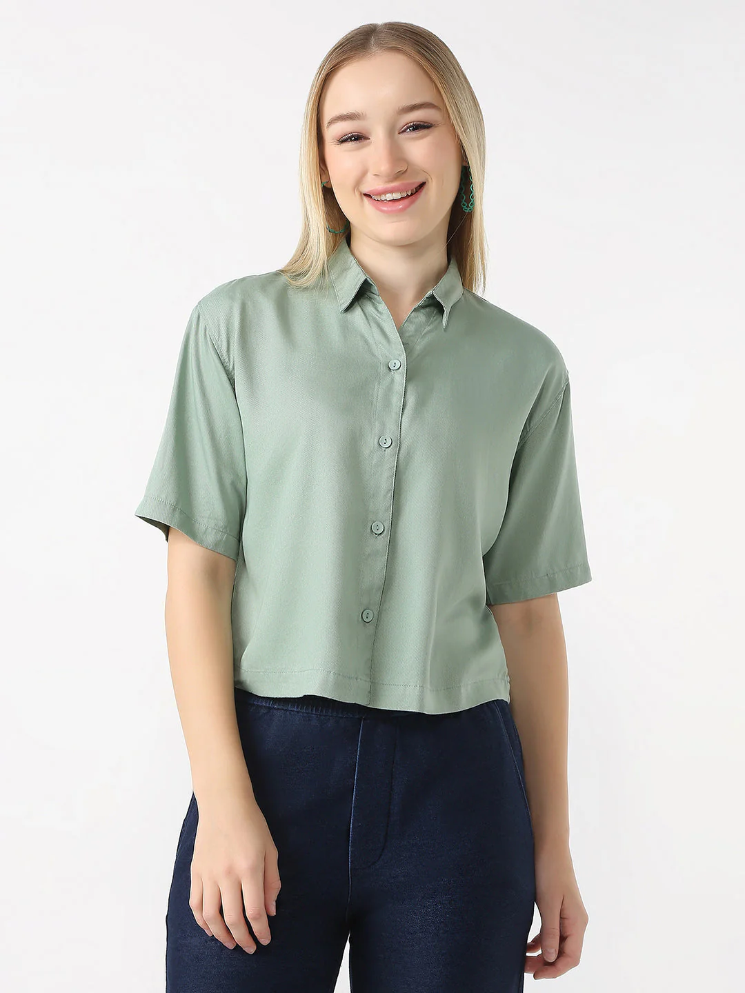 Women Mint Slim Fit Crop Shirt - Image 2