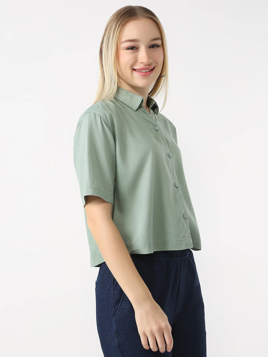 Women Mint Slim Fit Crop Shirt - Image 5