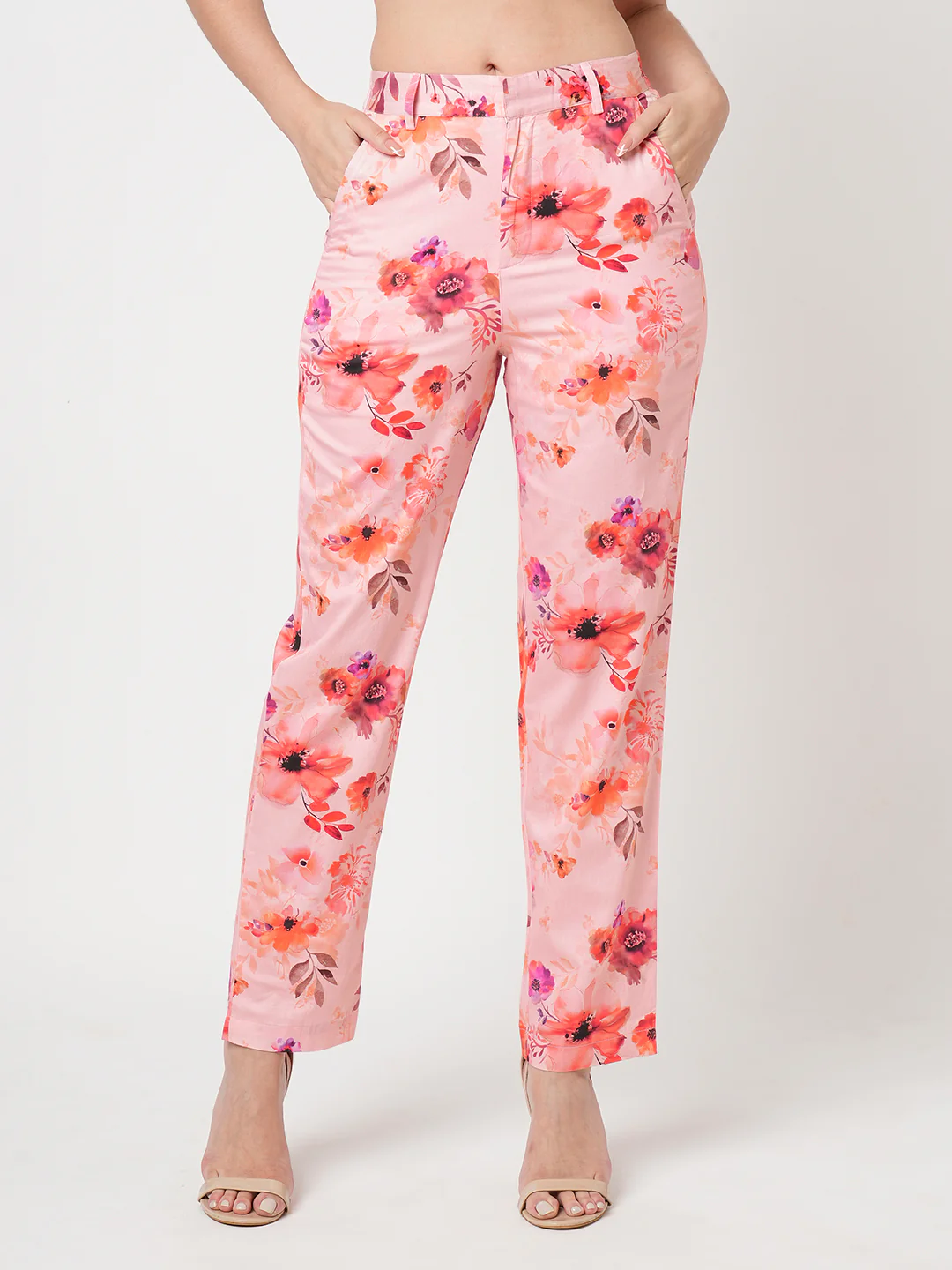 Women Soft Peach High-Rise Relaxed Straight Fit Pants - Image 2