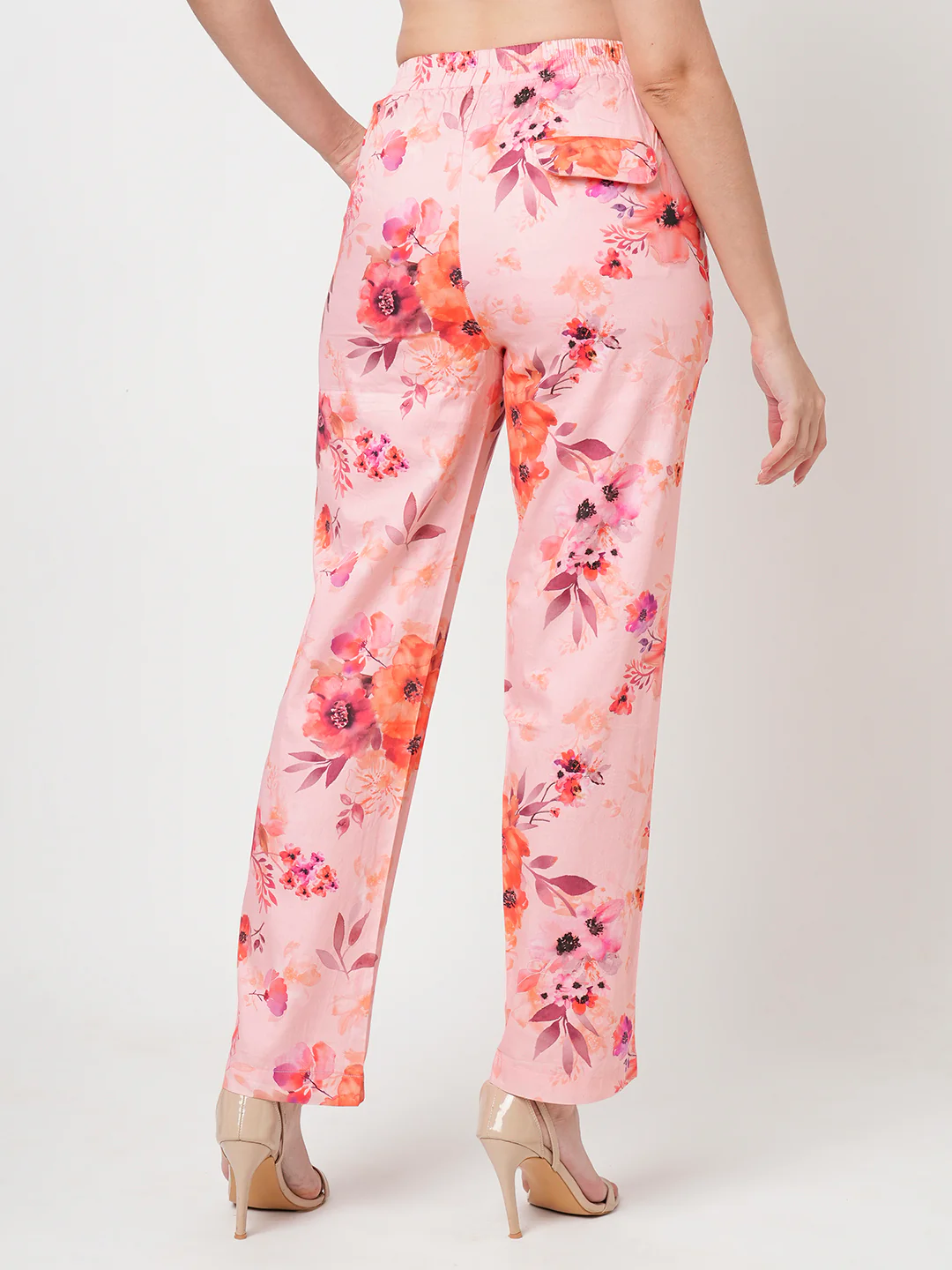 Women Soft Peach High-Rise Relaxed Straight Fit Pants - Image 3