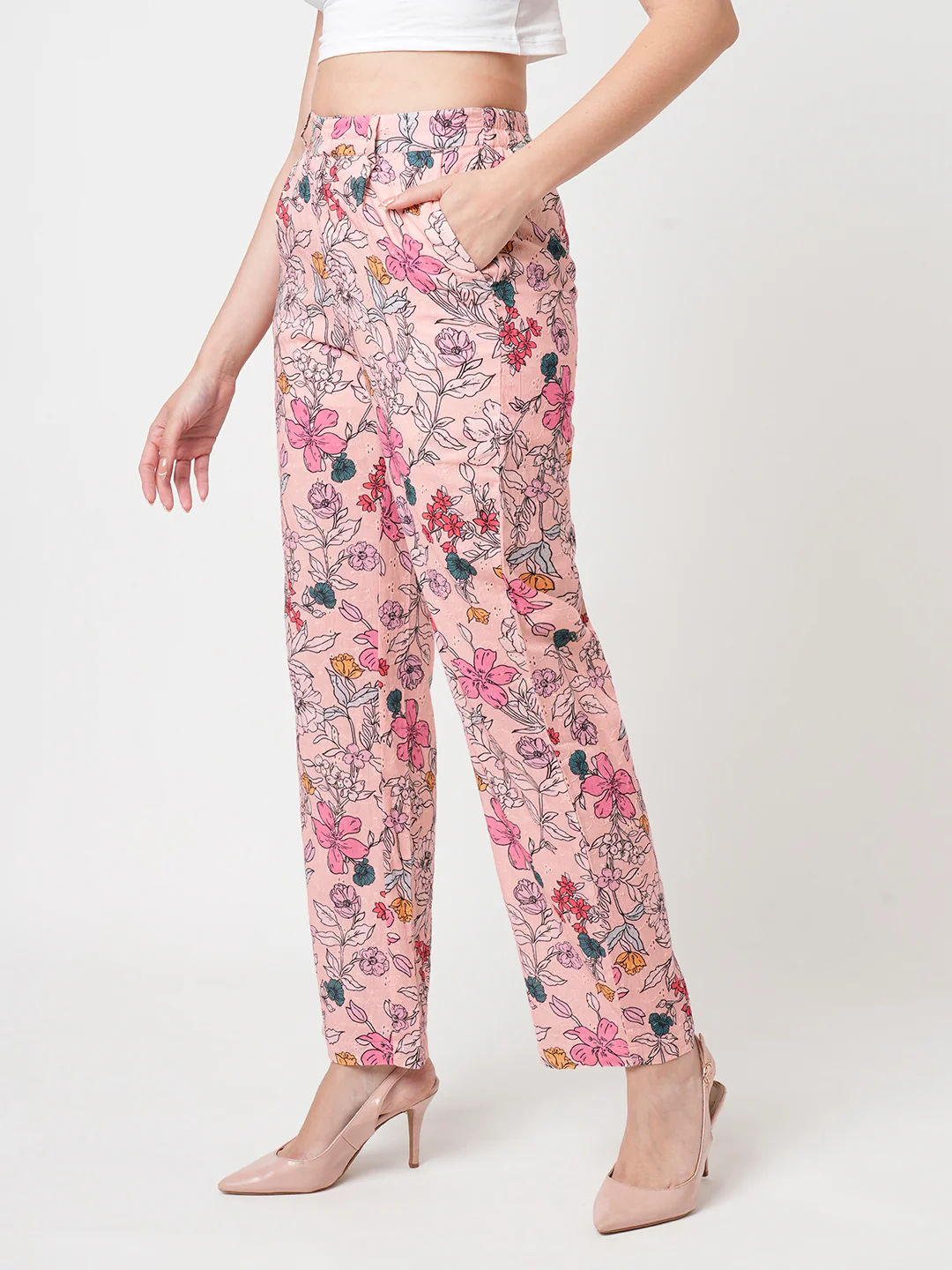 Women Soft Pink High-Rise Loose Straight Pants - Image 5