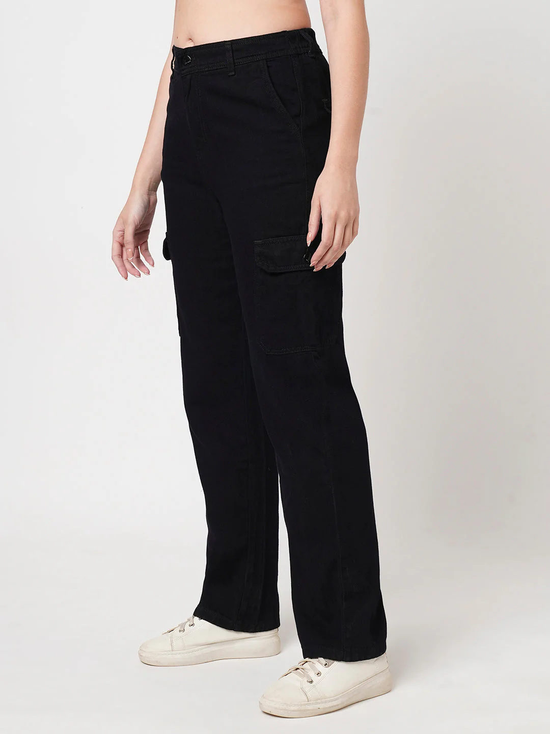 Women Solid Black High-Rise Cargo - Image 5