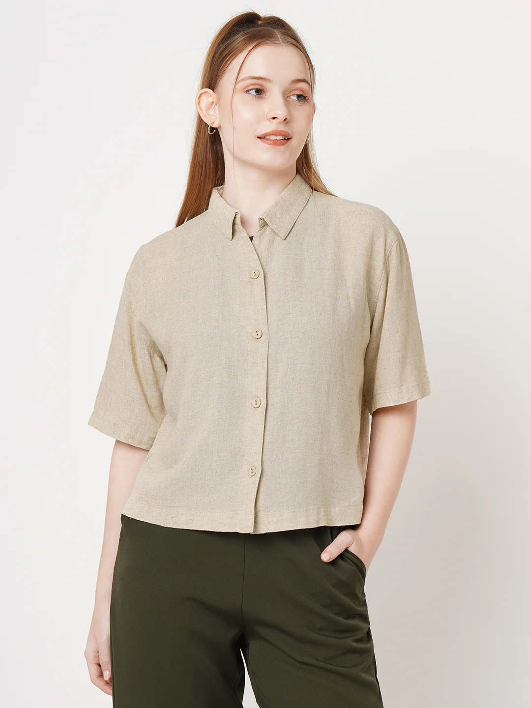 Women Solid Crop Shirt - Image 2