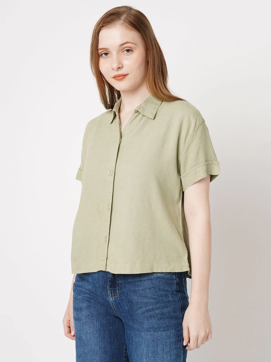 Women Solid Light Olive Shirt - Image 5