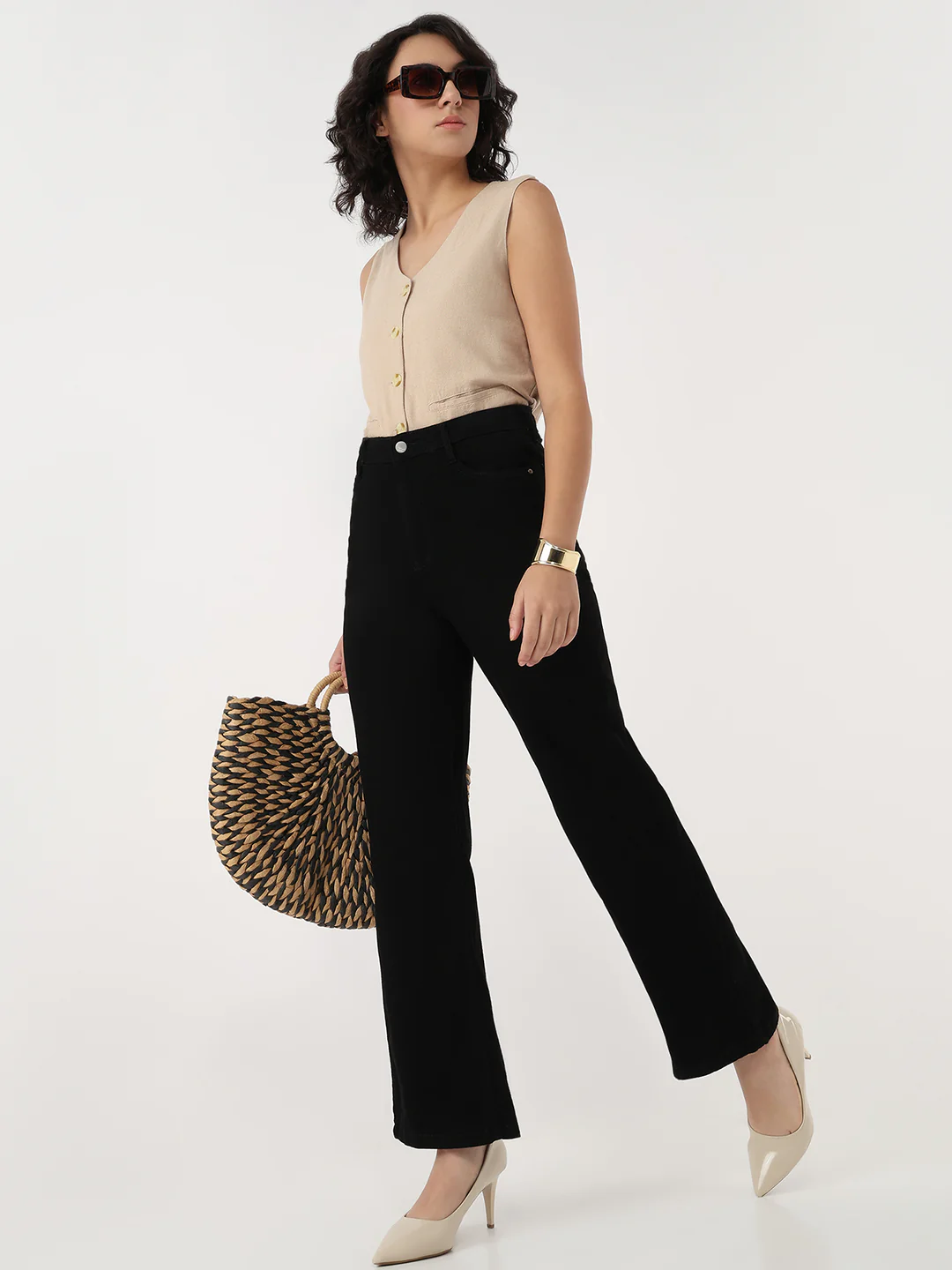 Women Solid Wide Leg Jeans