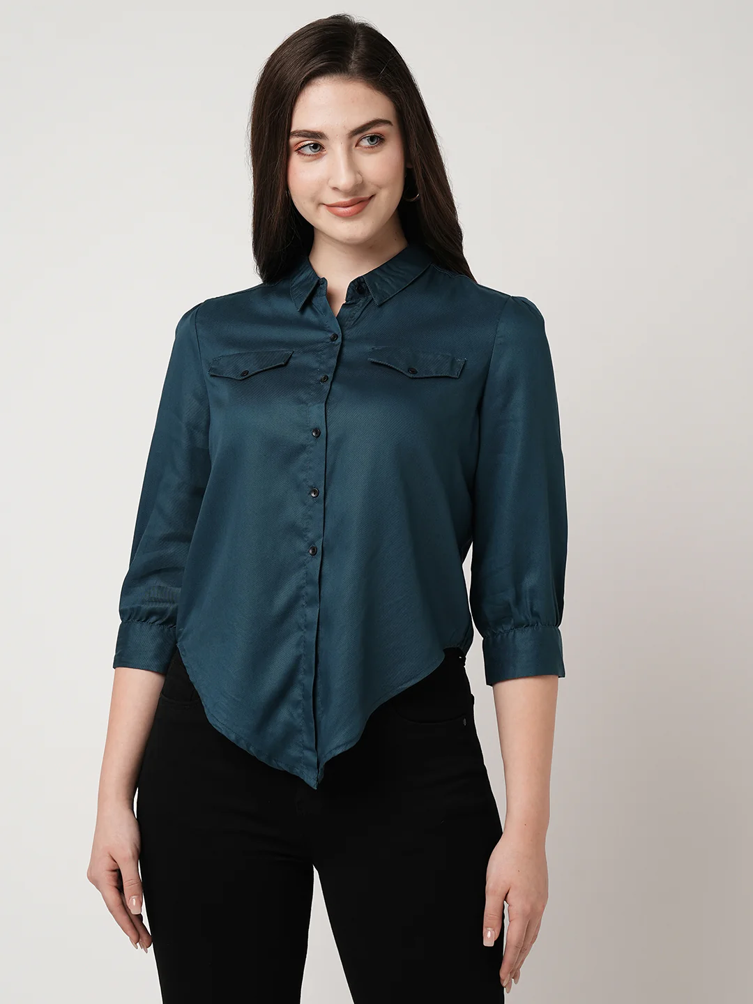 Women Teal Crop Shirt - Image 2