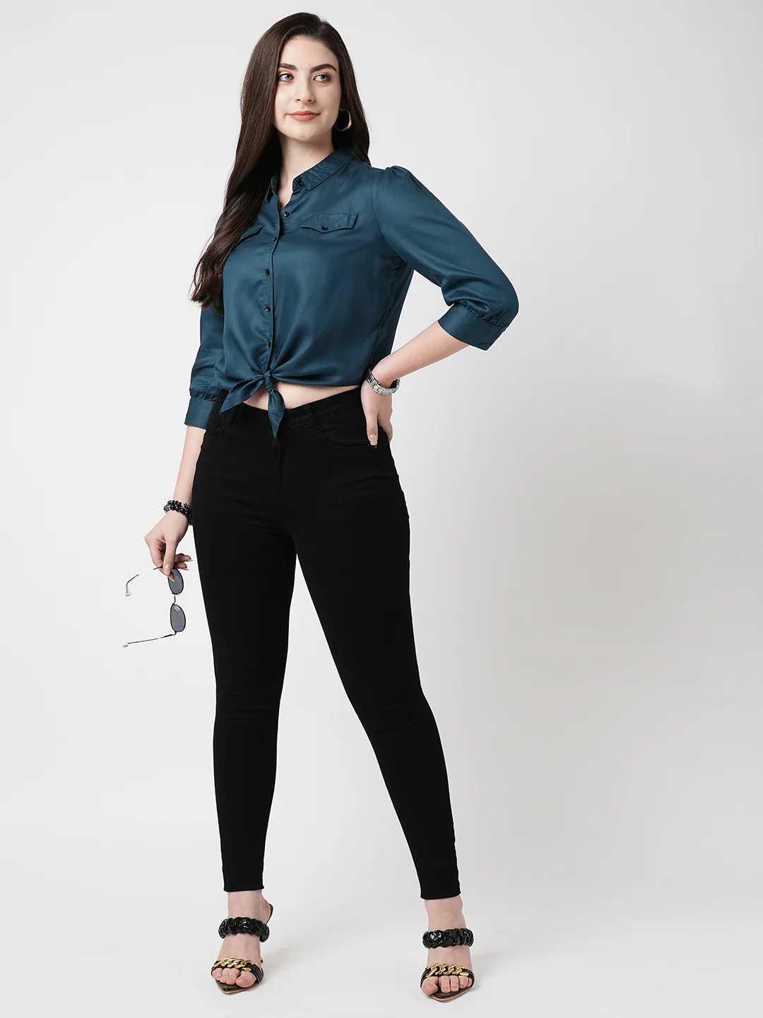 Women Teal Crop Shirt - Image 4