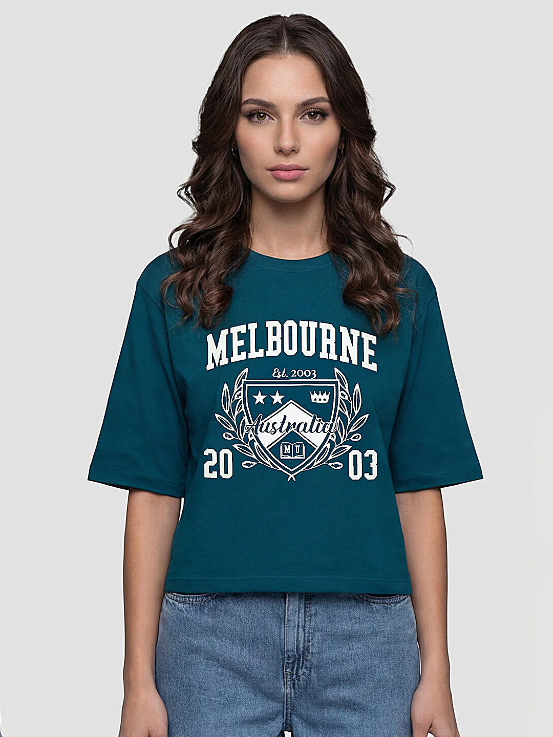 Women Teal Graphic Print Crop Tees - Image 2