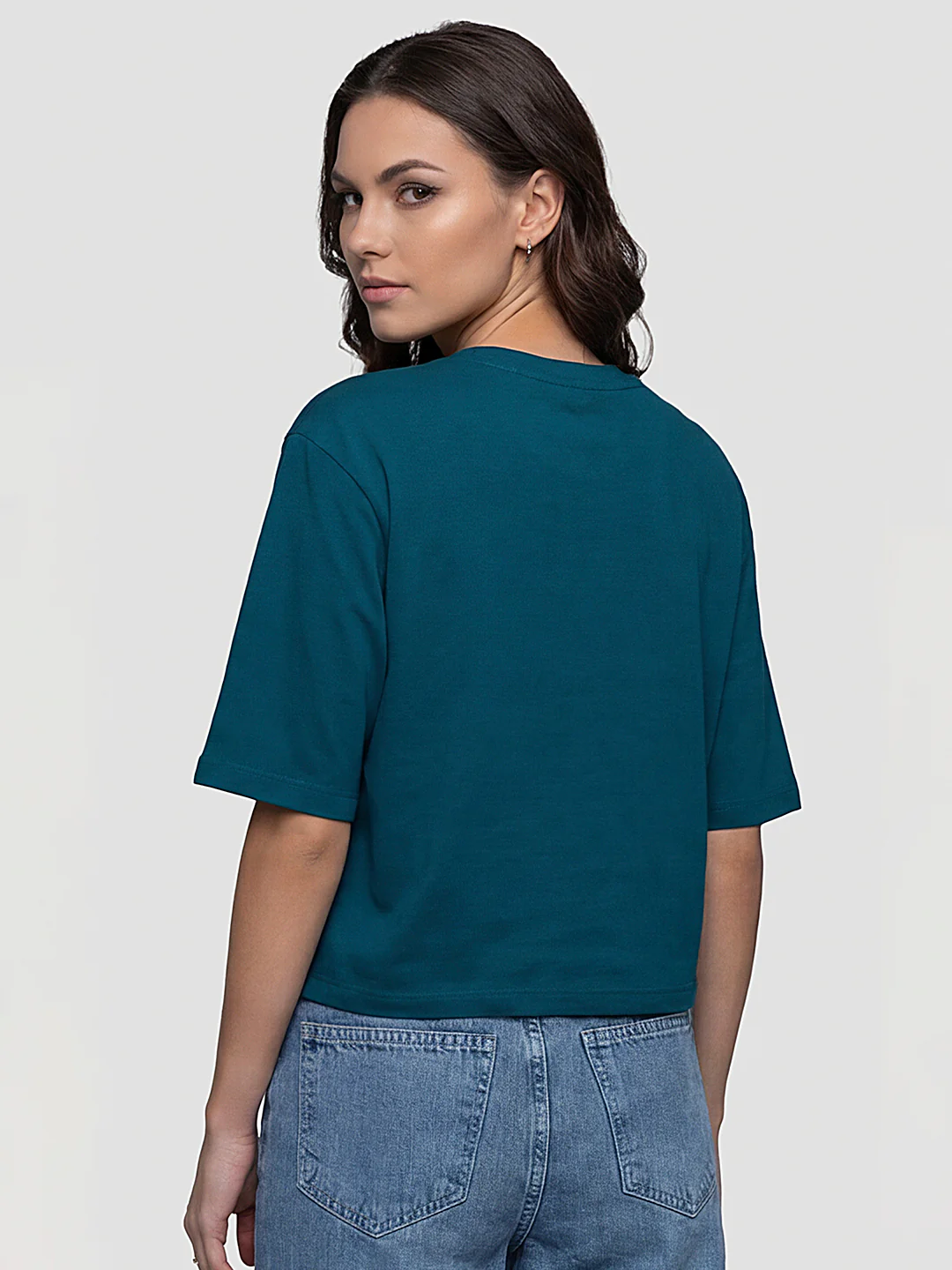 Women Teal Graphic Print Crop Tees - Image 3