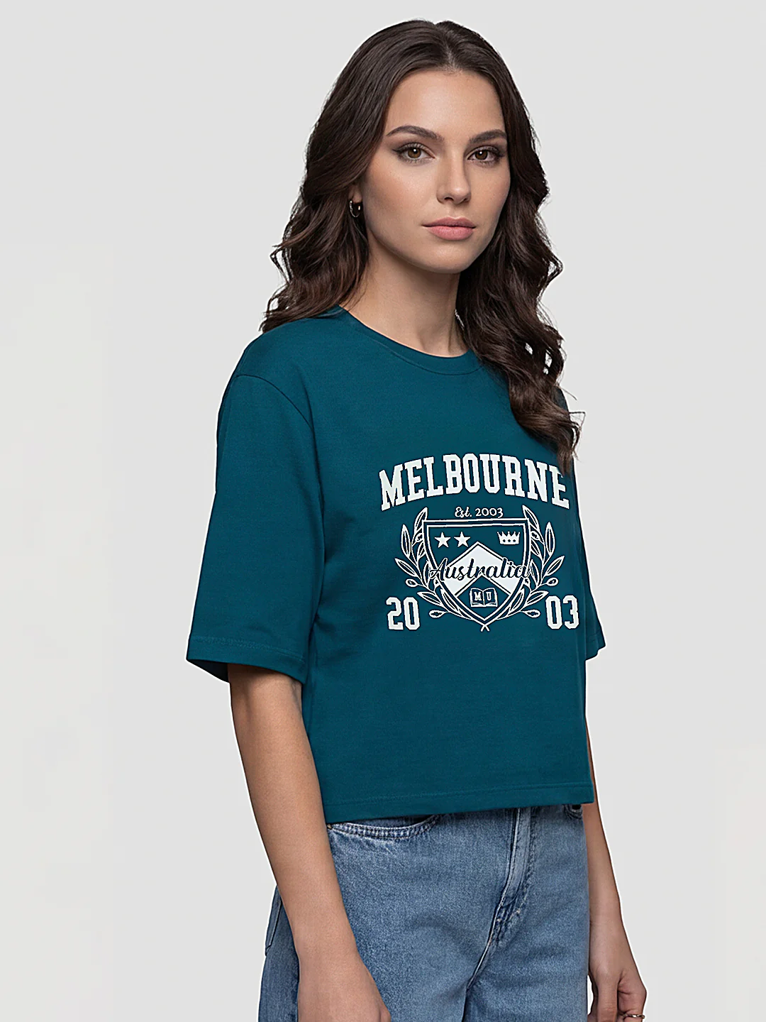Women Teal Graphic Print Crop Tees - Image 4