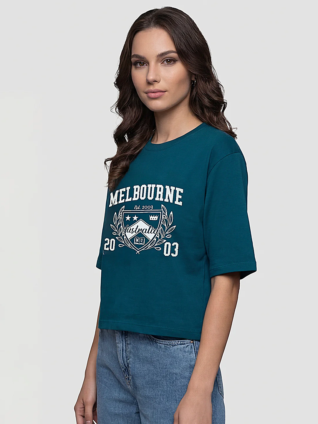 Women Teal Graphic Print Crop Tees - Image 5