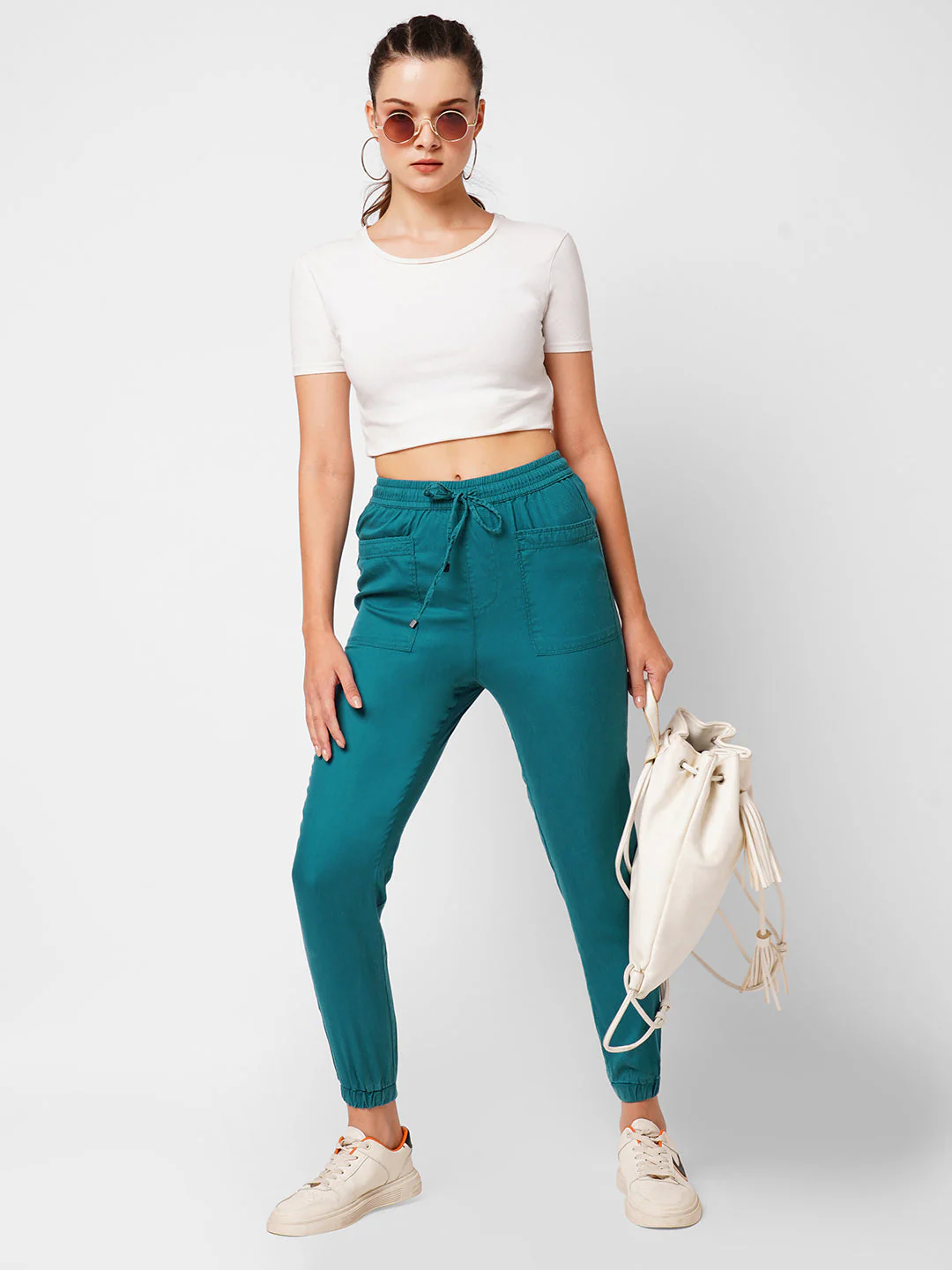 Women Teal High-Rise Denim Joggers - Image 3