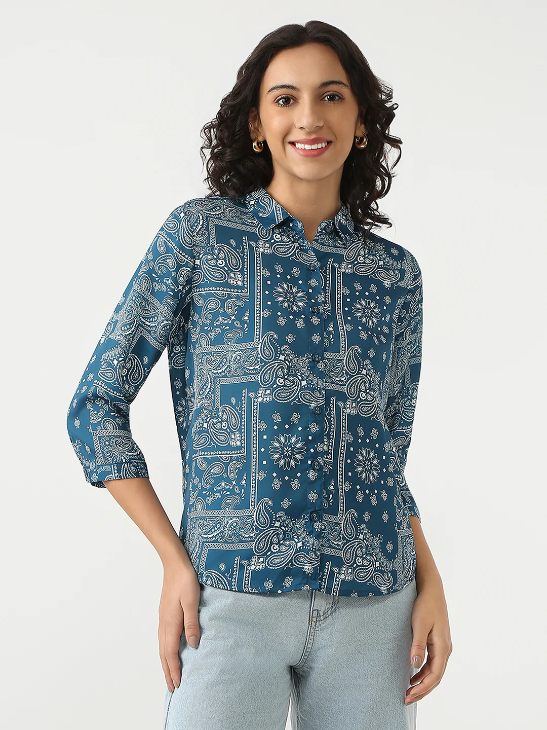 Women Teal Printed Shirt - Image 2