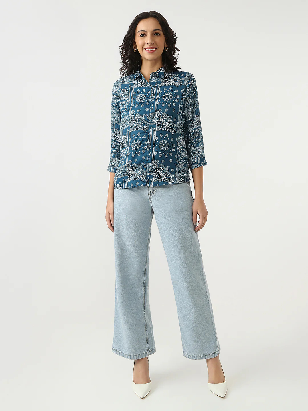 Women Teal Printed Shirt - Image 4