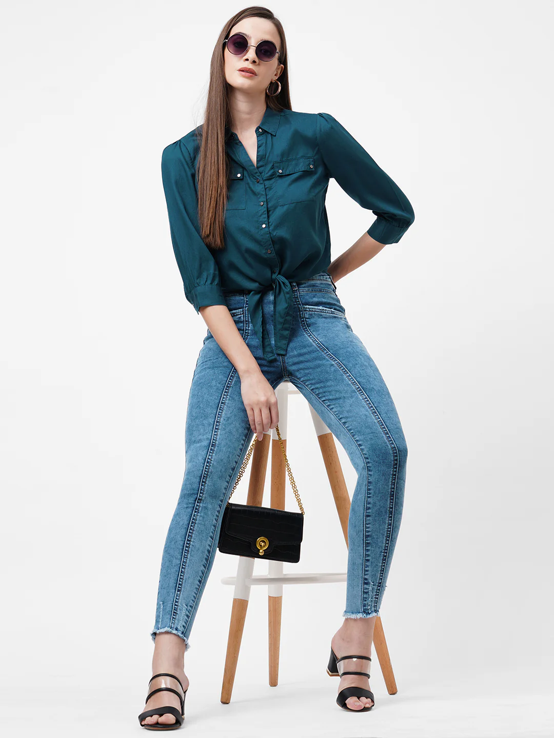 Women Teal Slim Crop Shirt - Image 2