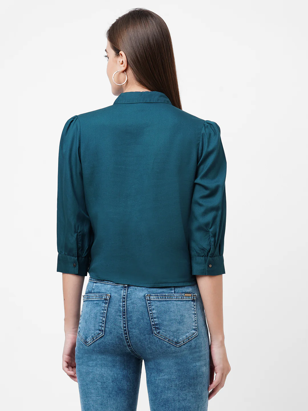 Women Teal Slim Crop Shirt - Image 3