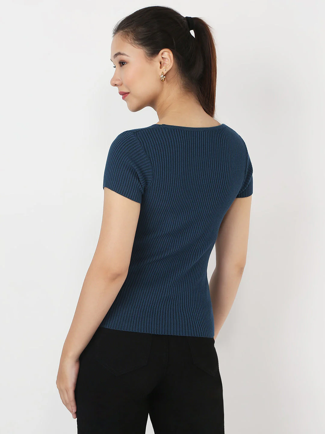Women Teal Slim Flat Knit Top - Image 3