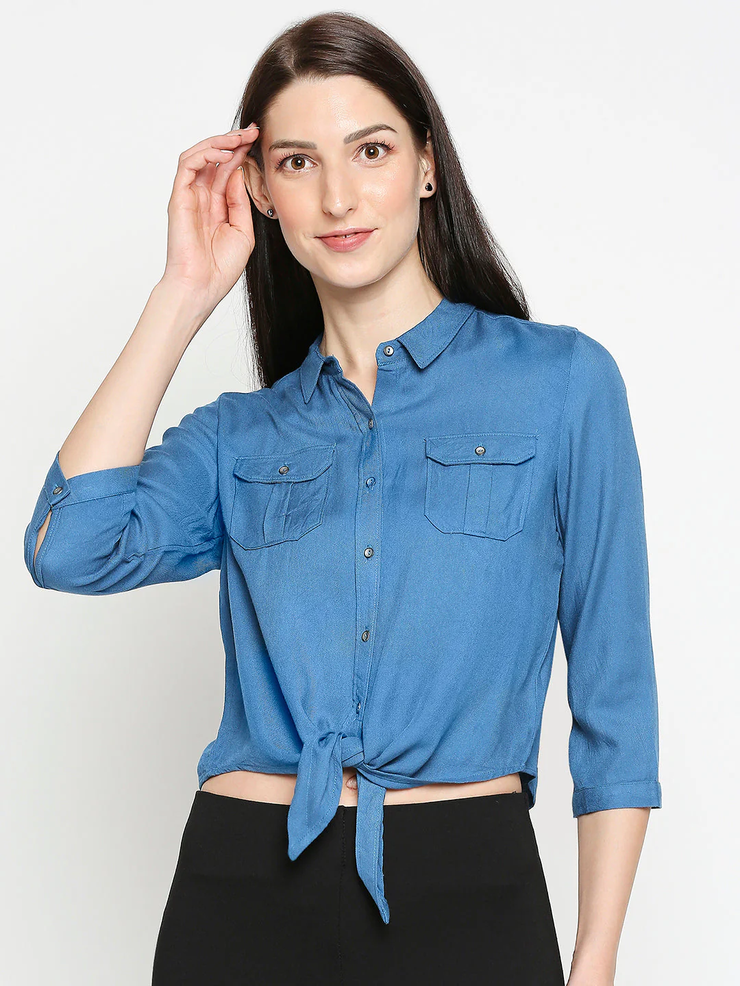 Women Teal Tie-Up Crop Shirt - Image 2