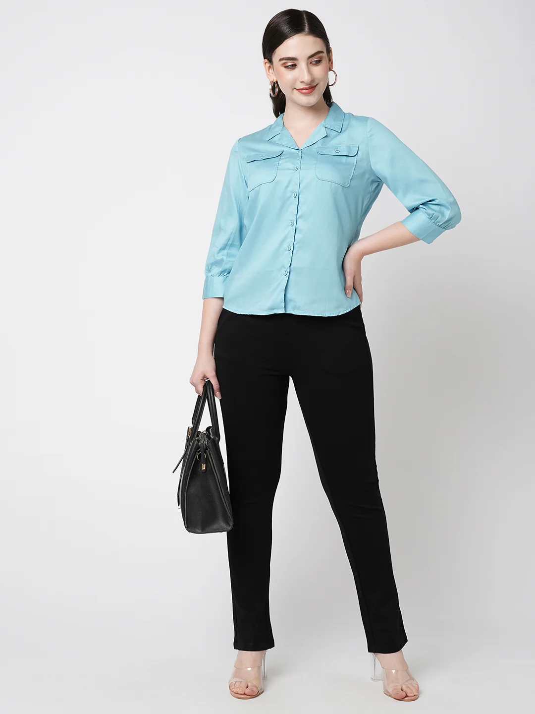 Women Turquoise Slim Shirt - Image 4